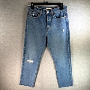 Levi's Premium Wedgie Straight Jeans Womens 24 Blue Denim Distressed Raw Hem